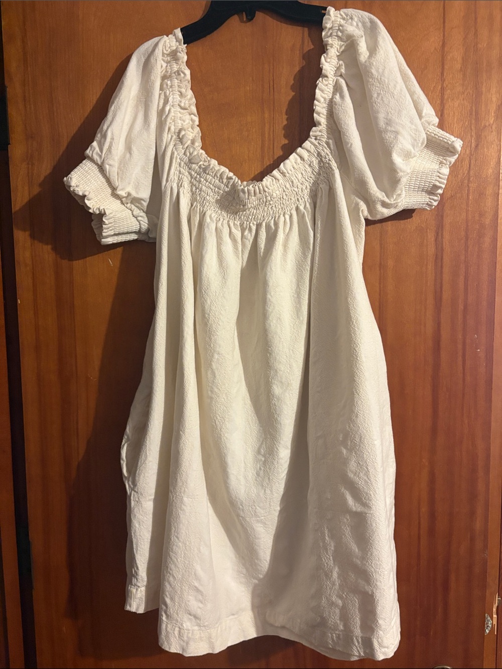 Free People Cream Smocked Square-Neck Puff Sleeve Dress